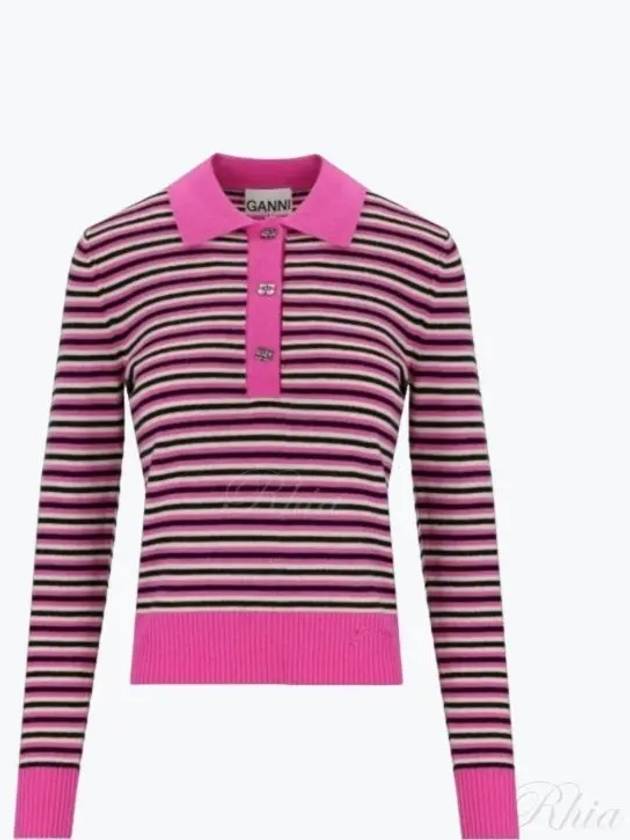 Striped Cashmere Polo Knit Top Fucsia - GANNI - BALAAN 2