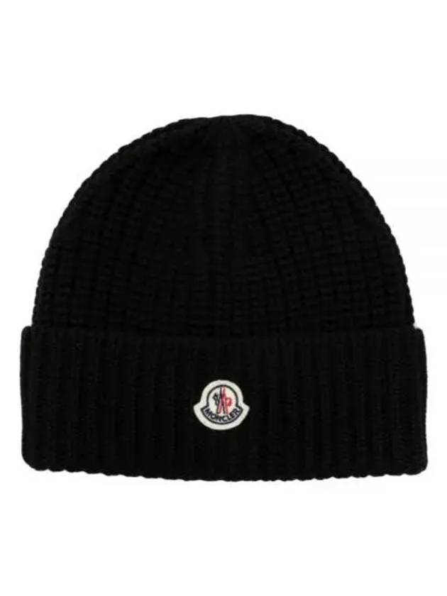 Logo Patch Wool Beanie Black - MONCLER - BALAAN 2