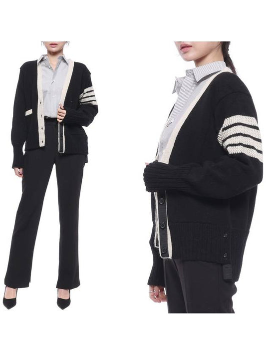 Women's Diagonal Armband Stitched Tweed Cardigan Black - THOM BROWNE - BALAAN.