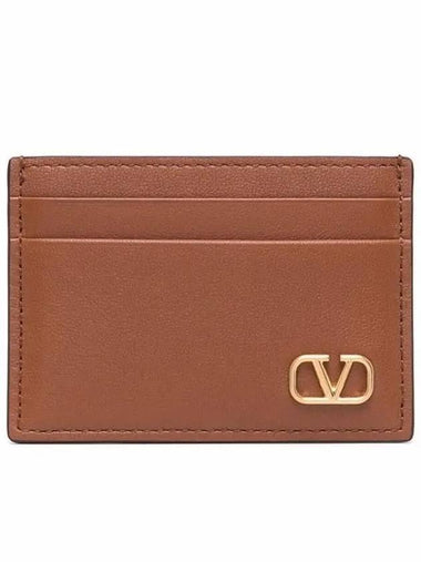 V Logo Signature Leather Card Wallet Brown - VALENTINO - BALAAN 1