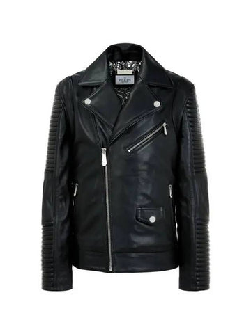 Men's Gothic Logo Leather Biker Jacket Black 271237 - PHILIPP PLEIN - BALAAN 1