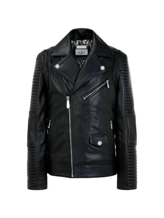 Men's Gothic Logo Leather Biker Jacket Black 271237 - PHILIPP PLEIN - BALAAN 1