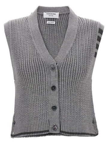 4-Bar Cropped Cable Merino Wool Cardigan Vest Grey - THOM BROWNE - BALAAN 1