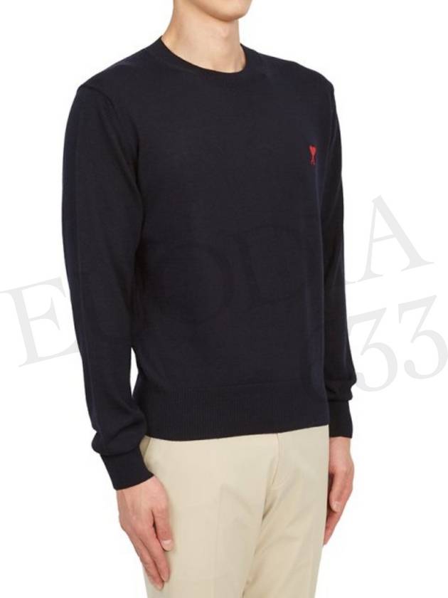 Heart Embroidered Logo Crew Neck Knit Top Navy - AMI - BALAAN 6