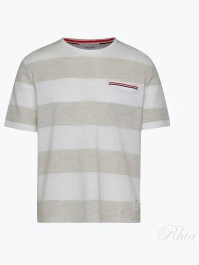 Men's Rugby Striped Pick Pocket Short Sleeve T-Shirt Pale Grey White - THOM BROWNE - BALAAN 2