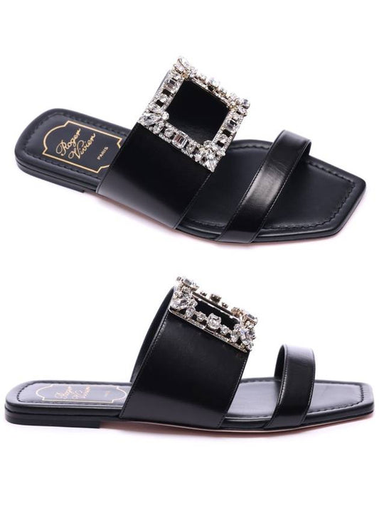 Broche Buckle Leather Flat Slippers Black - ROGER VIVIER - BALAAN 2