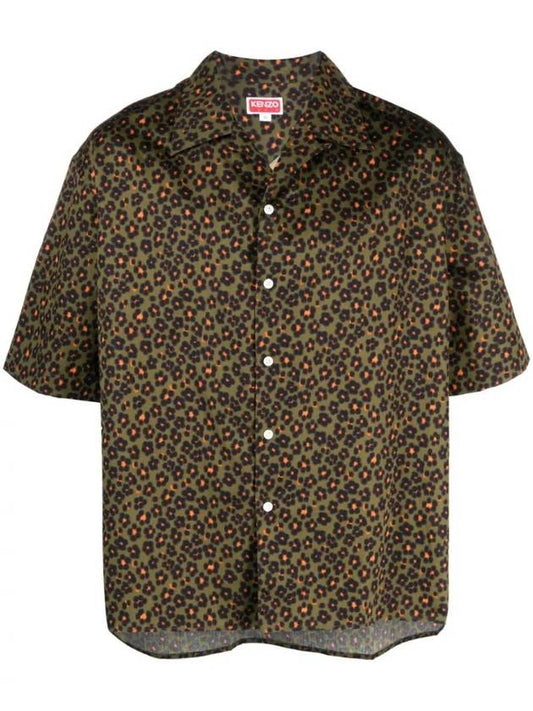 Hana Leopard Print Cotton Short Sleeve Shirt Green - KENZO - BALAAN 1