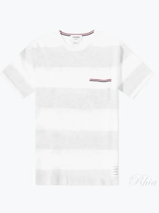 Men's Rugby Striped Pick Pocket Short Sleeve T-Shirt Pale Grey White - THOM BROWNE - BALAAN 2