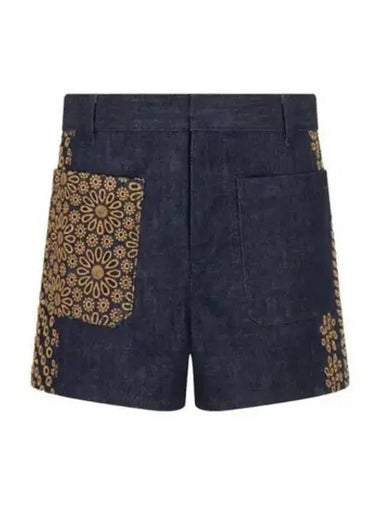 Flower Embroidered Cotton Denim Shorts Blue - DIOR - BALAAN 1