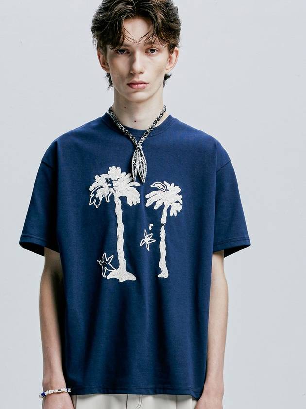 Palm tree eyelet chain embroidery t shirt navy - S SY - BALAAN 1