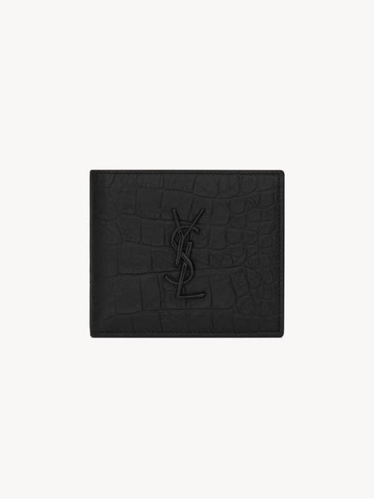 Men's Monogram Crocodile Leather Half Wallet Black - SAINT LAURENT - BALAAN 2