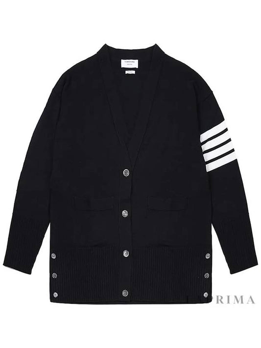 Fine Merino Wool 4-line Oversized Fit V-neck Cardigan Navy - THOM BROWNE - BALAAN 2