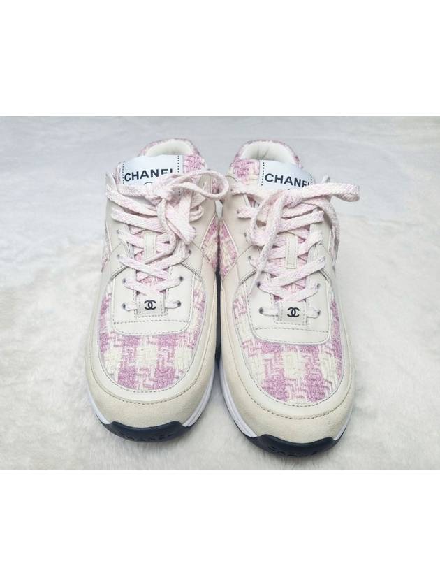 CC Logo Cotton Tweed Suede Calfskin Low Top Sneakers Pink Ecru - CHANEL - BALAAN 4