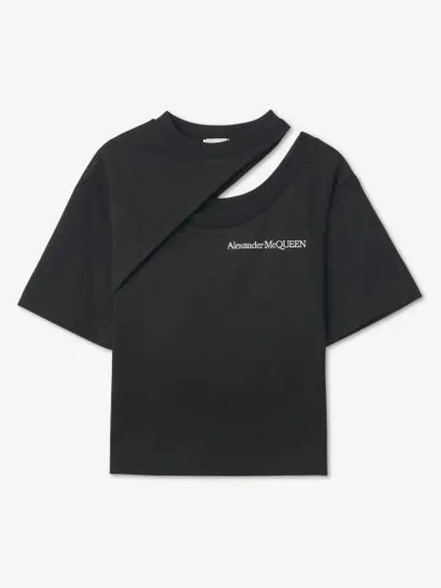 Embroidery Logo Cut-Out Short Sleeve T-Shirt Black - ALEXANDER MCQUEEN - BALAAN 2