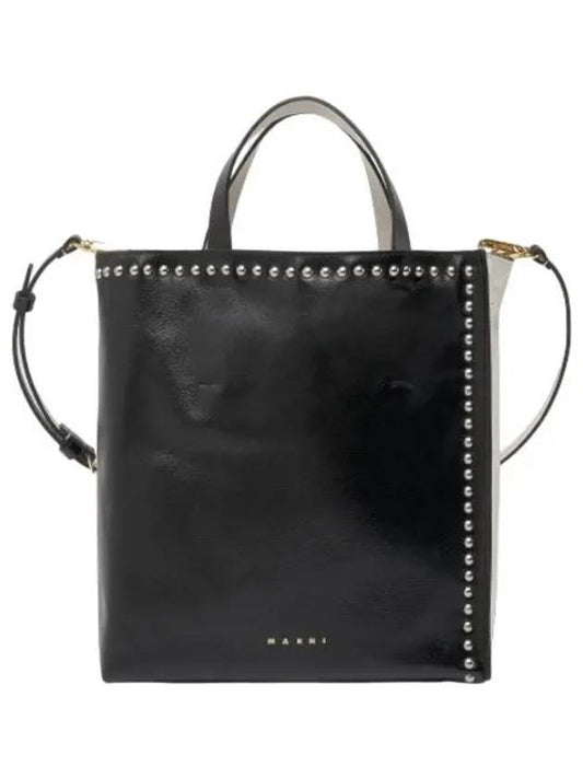 Small Soft Museo Shopper Bag Black Limestone Handbag Tote - MARNI - BALAAN 1