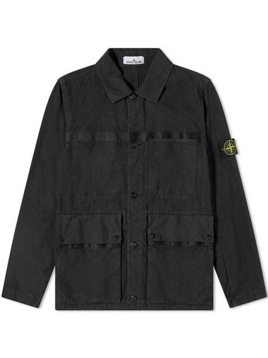 Compass Badge Linen Blend Shirt Jacket Black - STONE ISLAND - BALAAN 1