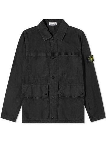 Compass Badge Linen Blend Shirt Jacket Black - STONE ISLAND - BALAAN 1