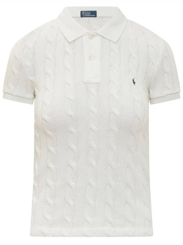 Slim Fit Cable Knit Polo Shirt White - POLO RALPH LAUREN - BALAAN 3