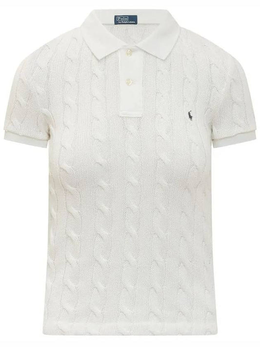Slim Fit Cable Knit Polo Shirt White - POLO RALPH LAUREN - BALAAN 2