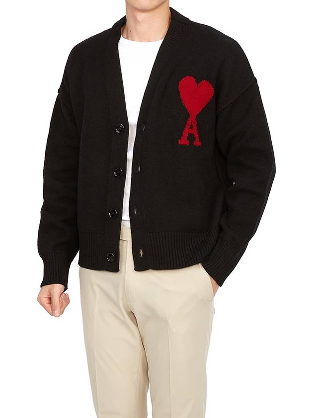 Heart Logo V Neck Wool Cardigan Black - AMI - BALAAN 6