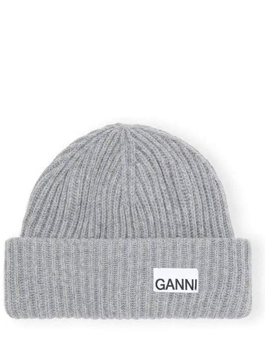 Logo Patch Knit Beanie Grey - GANNI - BALAAN 2