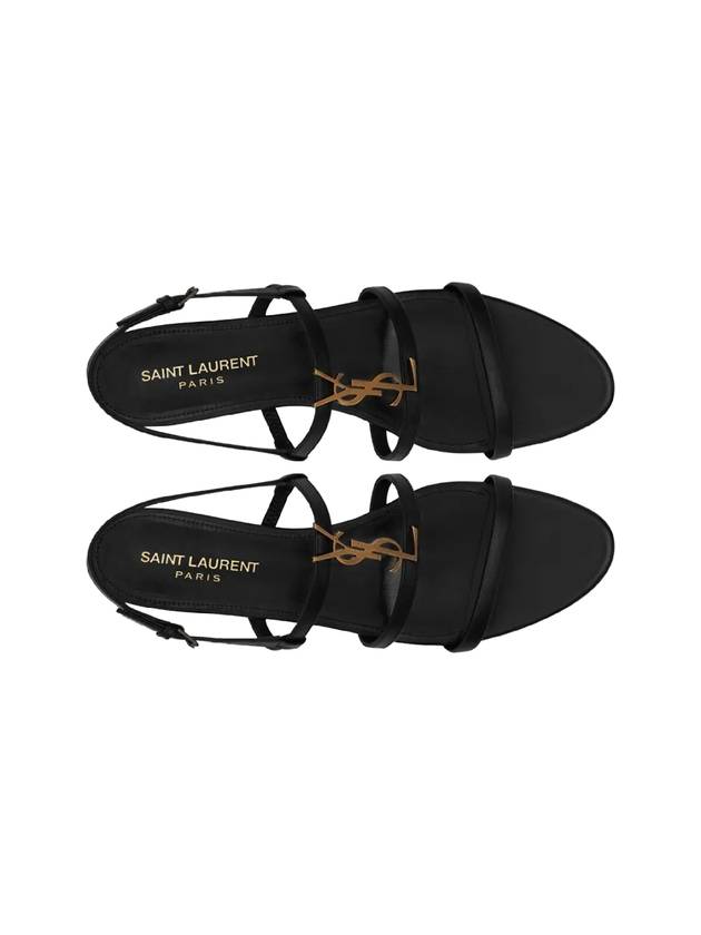 Women's Smooth Leather Gold Tone Monogram Detail Cassandra Flat Sandals Black - SAINT LAURENT - BALAAN 3