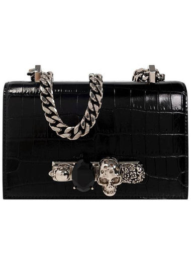 Crocodile Leather Embossed Black Jewel Silver Skull Satchel Shoulder Bag Black - ALEXANDER MCQUEEN - BALAAN 1