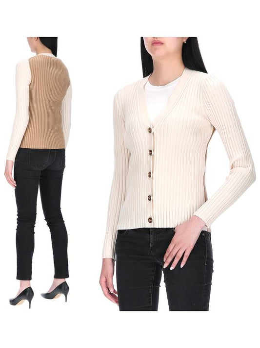 Women's Color Block Ribbed Wool V-Neck Cardigan Beige - TORY BURCH - BALAAN.