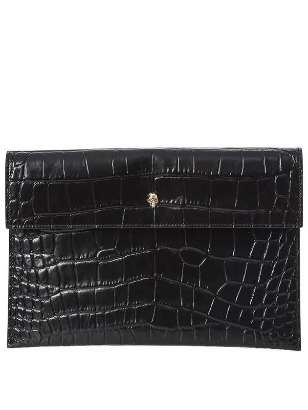 Gold Skull Envelope Crocodile Leather Clutch Bag Black - ALEXANDER MCQUEEN - BALAAN.