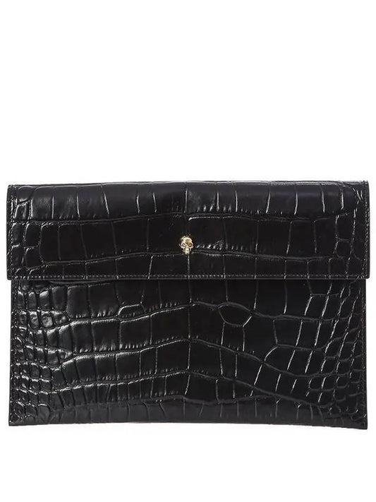 Gold Skull Envelope Crocodile Leather Clutch Bag Black - ALEXANDER MCQUEEN - BALAAN 2