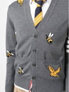 Men's Merino Bird Bee 4 Bar V-Neck Merino Cotton Cardigan Medium Grey - THOM BROWNE - BALAAN 3