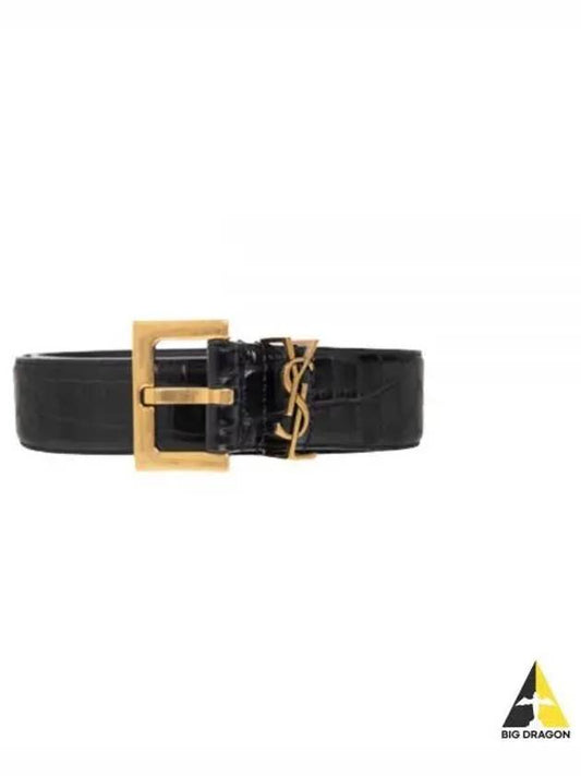 Cassandra Square Crocodile Leather Buckle Belt Black - SAINT LAURENT - BALAAN 2