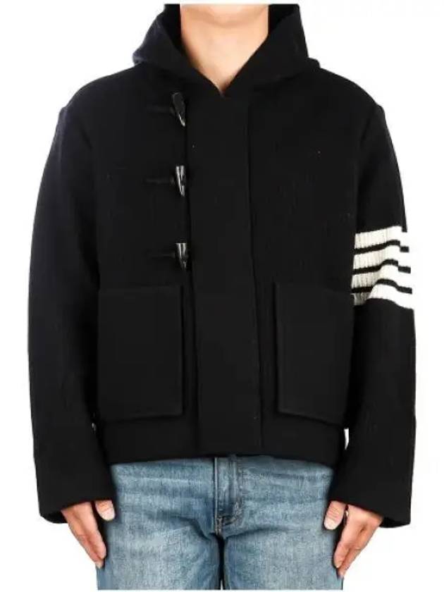 Boiled Wool Half Cardigan Stitched Hooded 4 Bar Double Jacket Navy - THOM BROWNE - BALAAN 2