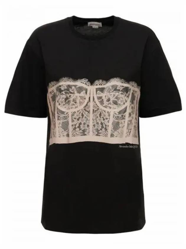 Lace Corset Print Short Sleeves T-Shirt Black - ALEXANDER MCQUEEN - BALAAN 2