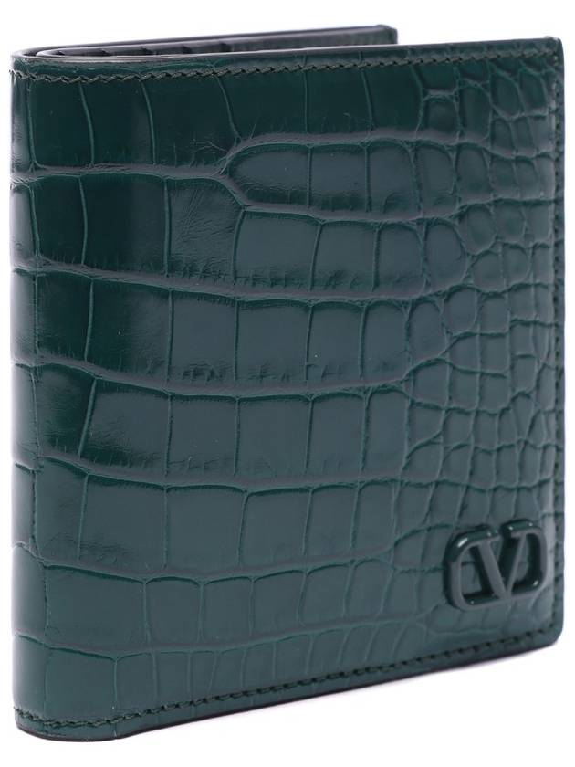 V Logo Crocker Effect Half Wallet Green - VALENTINO - BALAAN 4