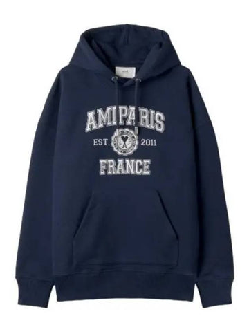 Paris logo hooded navy t shirt hoodie - AMI - BALAAN 1