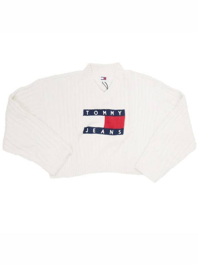 Flag V Neck Cropped Knit Top Ancient White - TOMMY HILFIGER - BALAAN 2