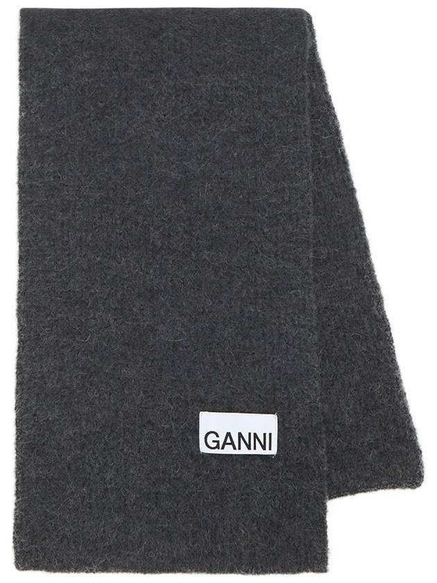 Logo Label Wool Blend Muffler Grey - GANNI - BALAAN 2