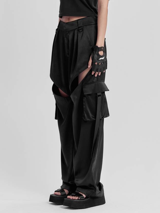 Zip Slit Satin Wide Cargo Pants Black - FAN YOUNG - BALAAN 3