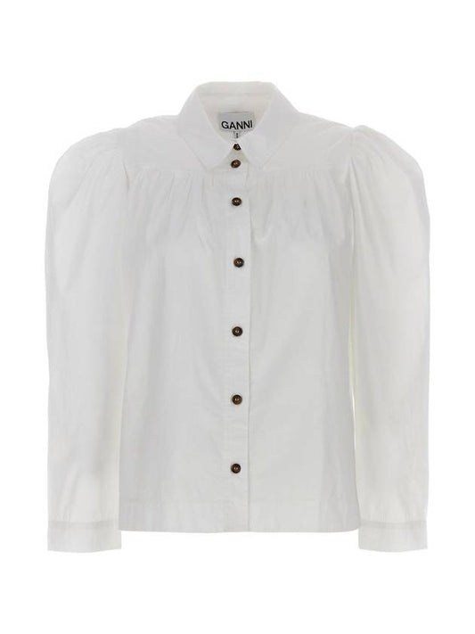 Cotton Poplin Long Sleeve Shirt White - GANNI - BALAAN 1