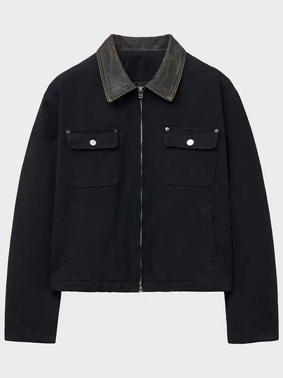 Leather Collar Canvas Work Jacket Black - NOIRER - BALAAN 2