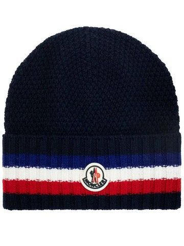 Tricolor Line Logo Patch Beanie Navy - MONCLER - BALAAN 1