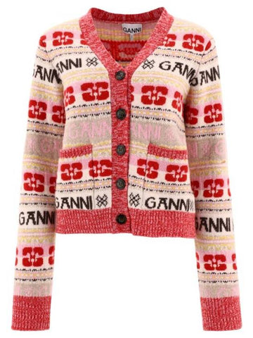 Logo V-neck Wool Blend Cardigan Red - GANNI - BALAAN 1