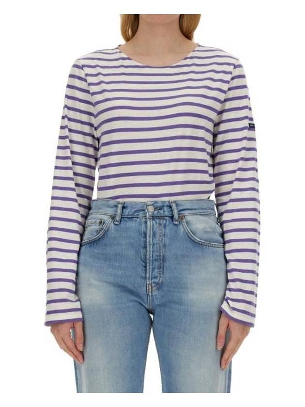 Minquiers Modern Stripe Long Sleeve T-Shirt Ecru Violet - SAINT JAMES - BALAAN 1