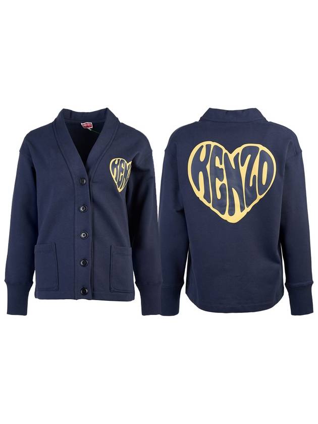 Heart V-Neck Buttoned Cotton Cardigan Navy - KENZO - BALAAN 2