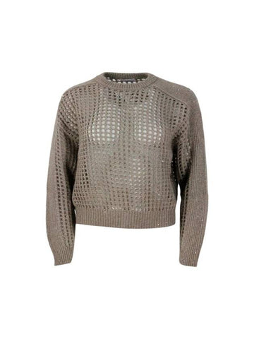 Long sleeved Crew neck Sweater With Mesh Work In Soft Wool And Cashmere Yarn Embellished With Lurex Threads And Micro Sequins Giving Shine 13307879 - BRUNELLO CUCINELLI - BALAAN 1