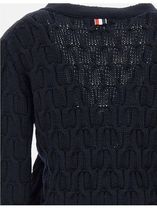 Merino Wool Crisscross Cable Stitch 3/4 Sleeve V-Neck Cardigan Navy - THOM BROWNE - BALAAN 10