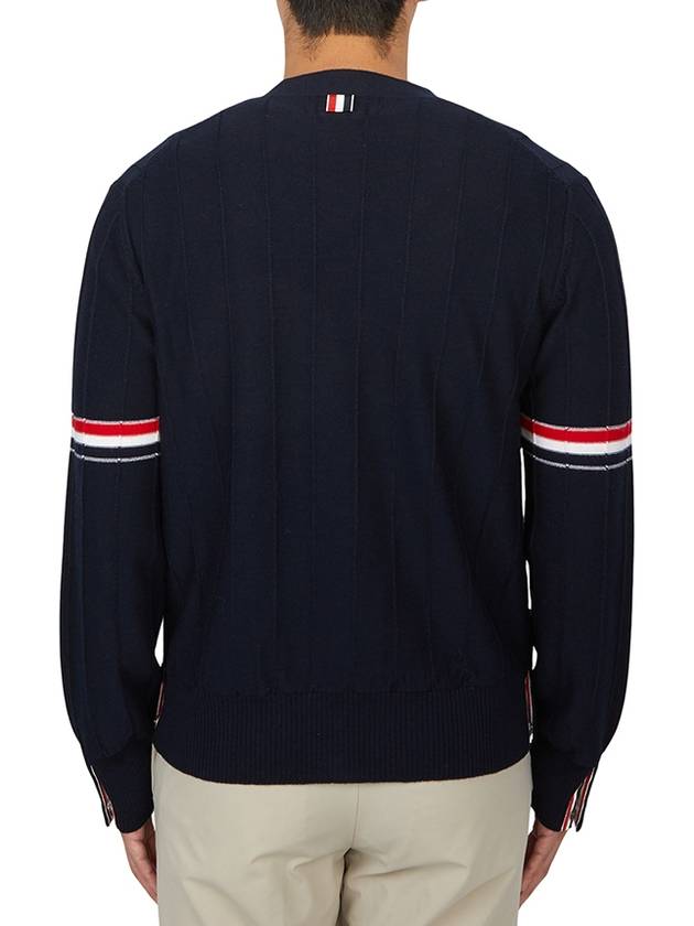 RWB V-neck Striped Virgin Wool Cardigan Navy - THOM BROWNE - BALAAN 5