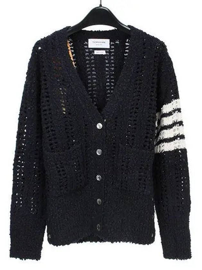 Solid Rip Stitch 4 Bar V Neck Cardigan Navy - THOM BROWNE - BALAAN 2