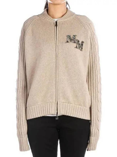 Women's Crystal Logo Wool Cashmere Zip-Up Cardigan Beige - MAX MARA - BALAAN 2